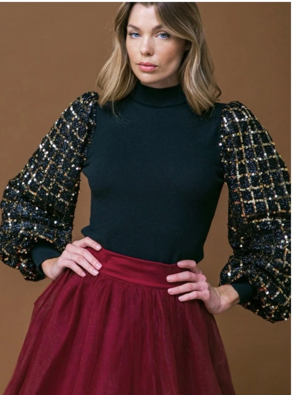 NWT Flying Tomato Black Sweater with Gold-Accent Sequin Grid Puff Sleeve Size M
